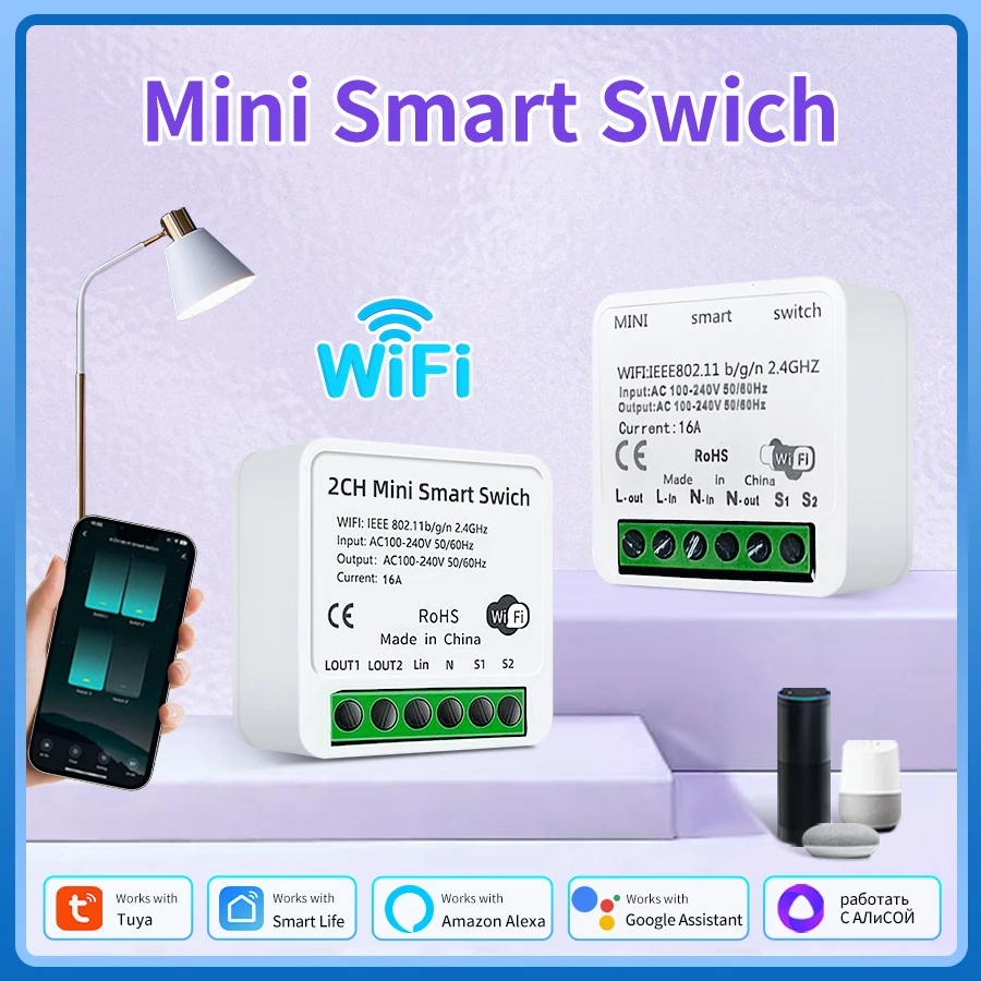 

Tuya WiFi Smart Switch Module 16A Smart Life APP 1/2 Gang Light Switch Automatic Relay Breaker For Alexa Google Home AC100-240V