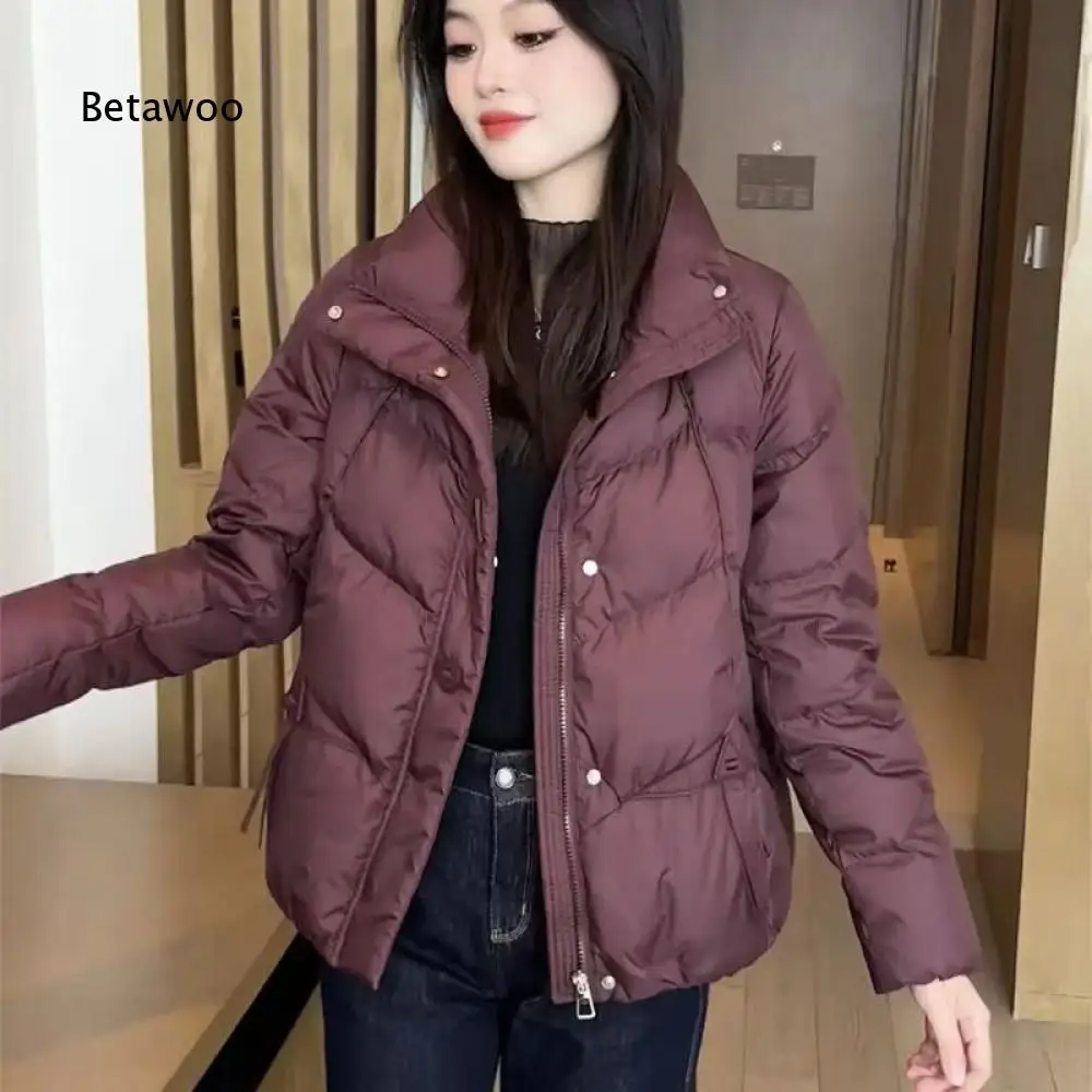 Ladies Winter Warm Puffer Outerwear Stand Collar Snap Button Front Short Jacket Decorative Flap Pockets For Casual Outings