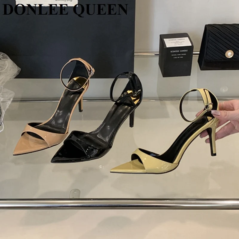 2025 Pointed Toe Women Ankle Strap Sandals Thin High Heels Peep Toe Slides Sandals Shoes Summer Design Fashion Party Dress Pumps