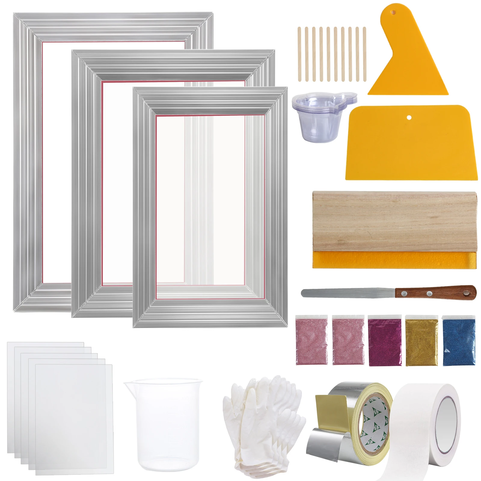 VEVOR Siebdruck Kit, 3 STK. Aluminium Siebdruck Rahmen 6x10/8x12/10x14 Zoll 110 Mesh, 5 Glitter & Siebdruck Rakel & Folien für T-Shirts, DIY Druck usw.