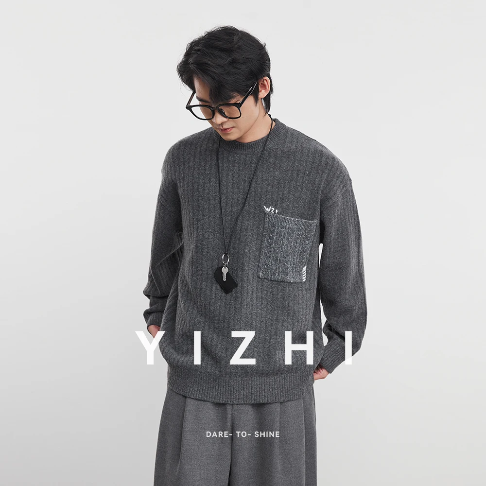 أزياء الرجال مزيج الصوف كتلة اللون جيب متماسكة سترة 2025 الخريف الشتاء العصرية طويلة الأكمام البلوز