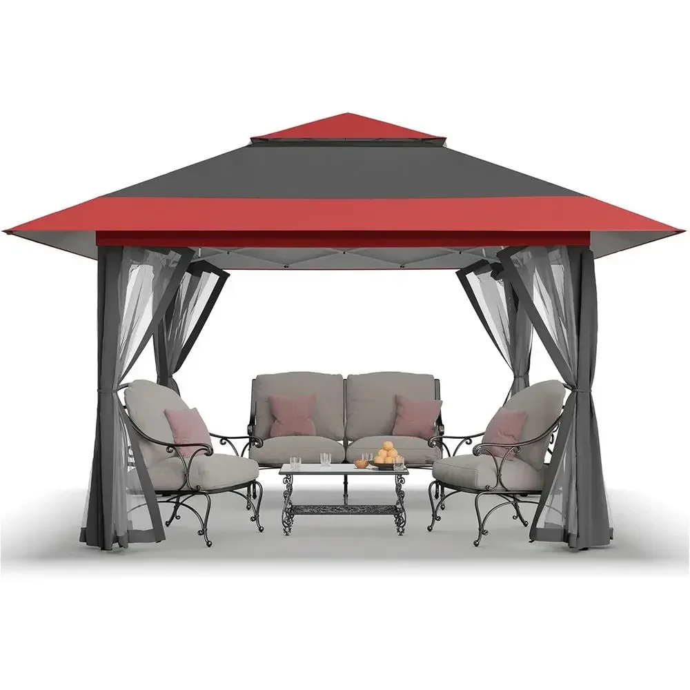 13x13 Pop-Up Gazebo with Wheeled Storage Bag - Outdoor Patio Shelter (Red & Grey)