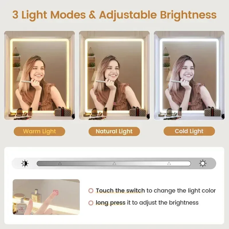 QAZ8-White Desk Touch Screen Mirror and Lights.Large Makeup Vanity with RGB Light Cabinets &Charging Station.6 Drawers.5