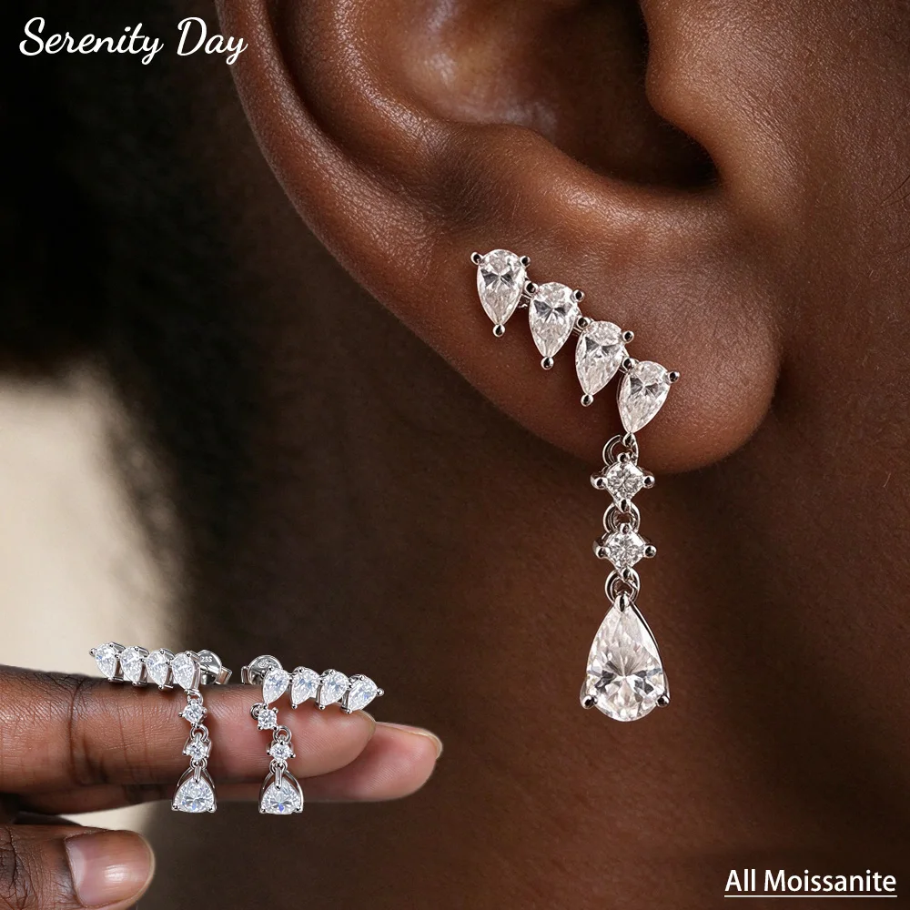 Serenity Luxury Full Moissanite Drop Earrings for Women 5*8mm Pear Cut Lab Diamond Stud Ear S925 Sterling Silver Earring Jewelry