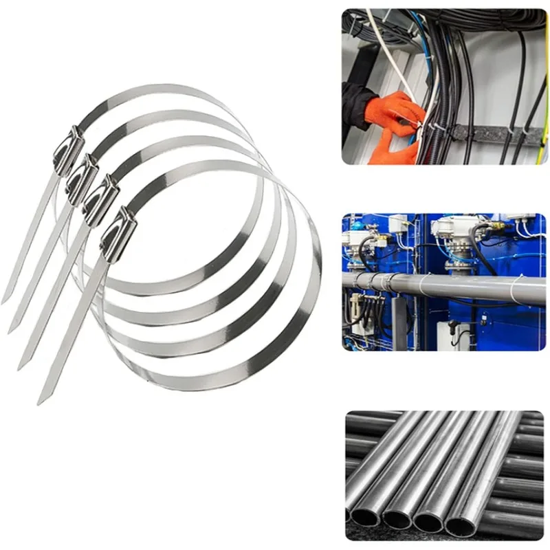 50Pcs 304#Stainless Steel Cable Ties 4.6mm Heavy Duty Self-Locking Cable Zip Tie Multi-Purpose Metal Exhaust Wrap Locking Ties