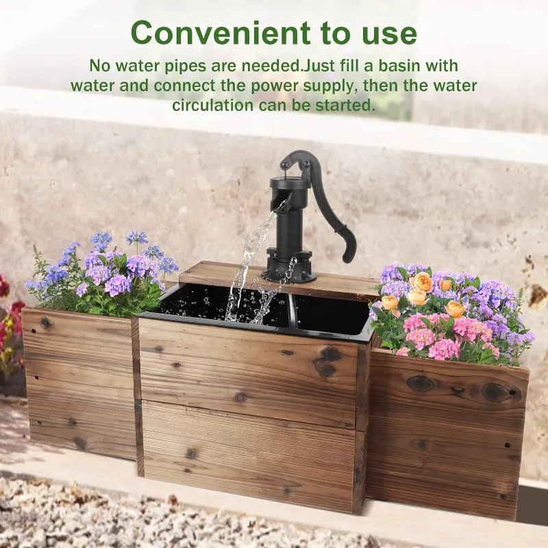 

Outdoor Water Fountain,Floor Wooden Rectangular Pump Old-Fashioned Fountain With Flower Box,Electric Decorative Hand Pump, Outdo