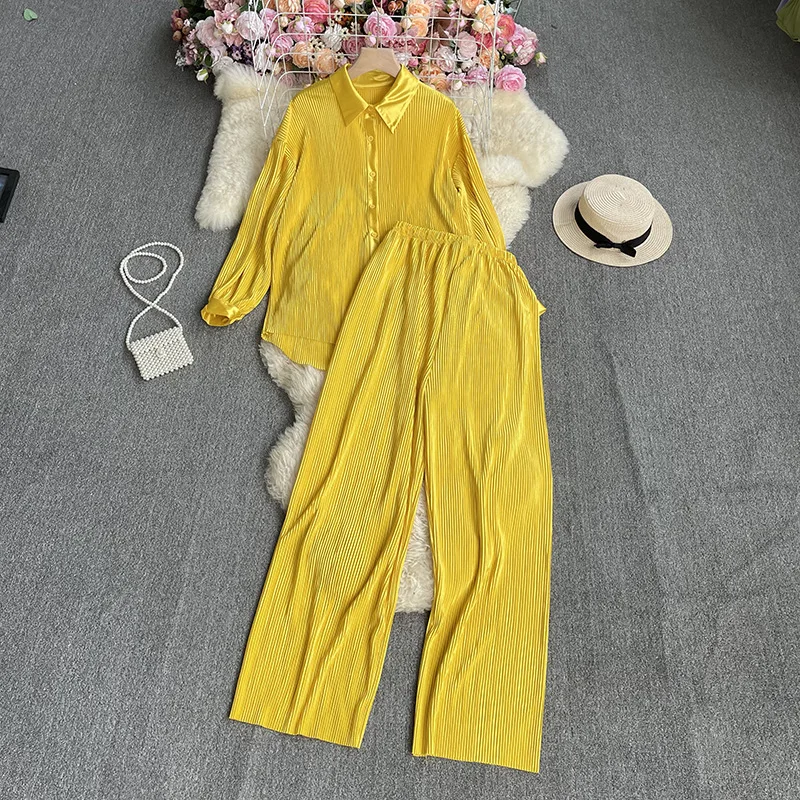 Pyjama plissé à col rabattu pour femme avec pantalon, manches longues, vêtements de nuit pour femme, simple boutonnage, imbibé, femme, printemps, 2