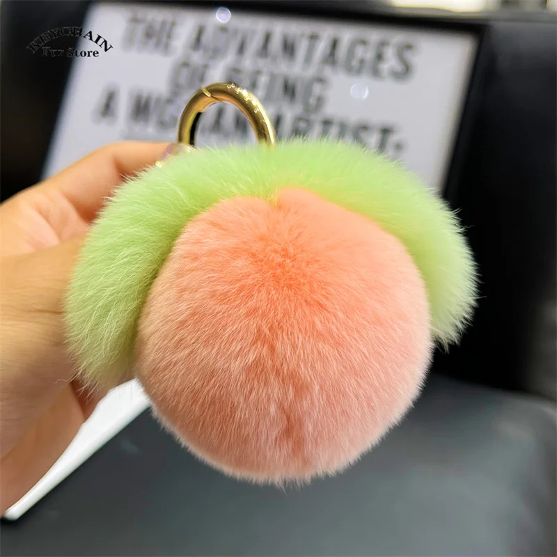 Real Rabbit Hair Mini Cute Furry Peach Keychain Keychains Women Plush Rex Rabbit Fur Car Key Chain Bag Decoration Pendant Gift