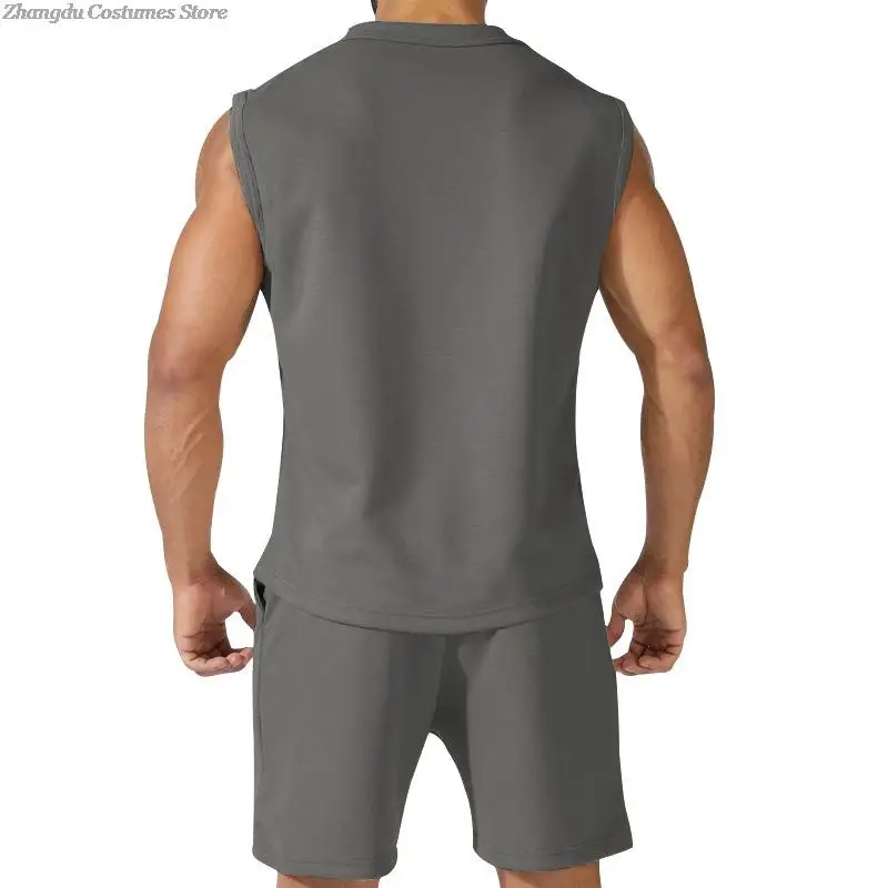 Male Summer Ythin Casual Sleeveless Vest Shirts Pants 2 Piece Set Men Gym Workout Sleeveless Tank Tops Shorts Set
