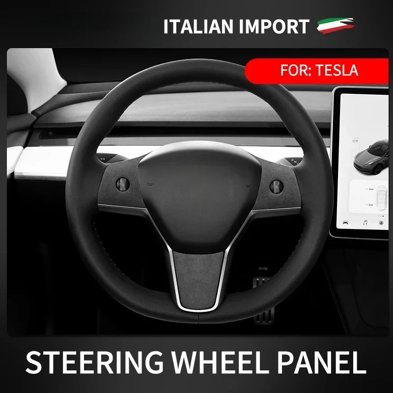3Pcs/Set Alcan tara Suede For Tesla Model Y Model 3 Car Steering Wheel Panel Cover Trim Stickers Frame Modification Accessories