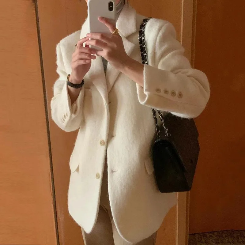 2025 Korean Dongdaemun Autumn New Quality Lapel Fashionable Loose Solid Color Warm Woolen Jacket Women's Top Female Office Lady