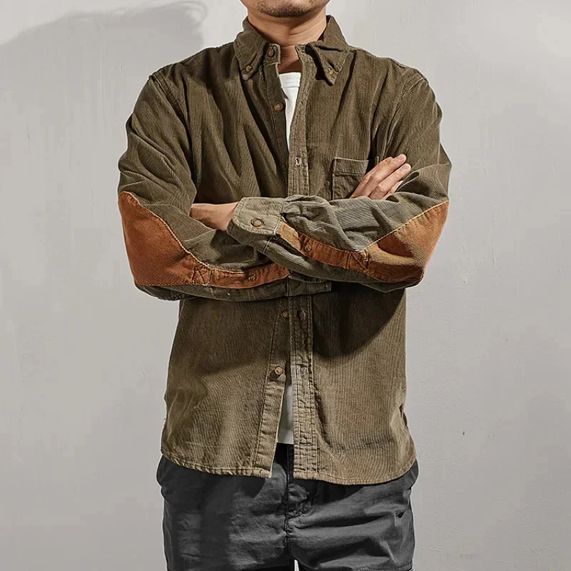 

Spring and autumn new men's fashion casual corduroy shirt long sleeve cotton coat British retro slim-fit patchwork