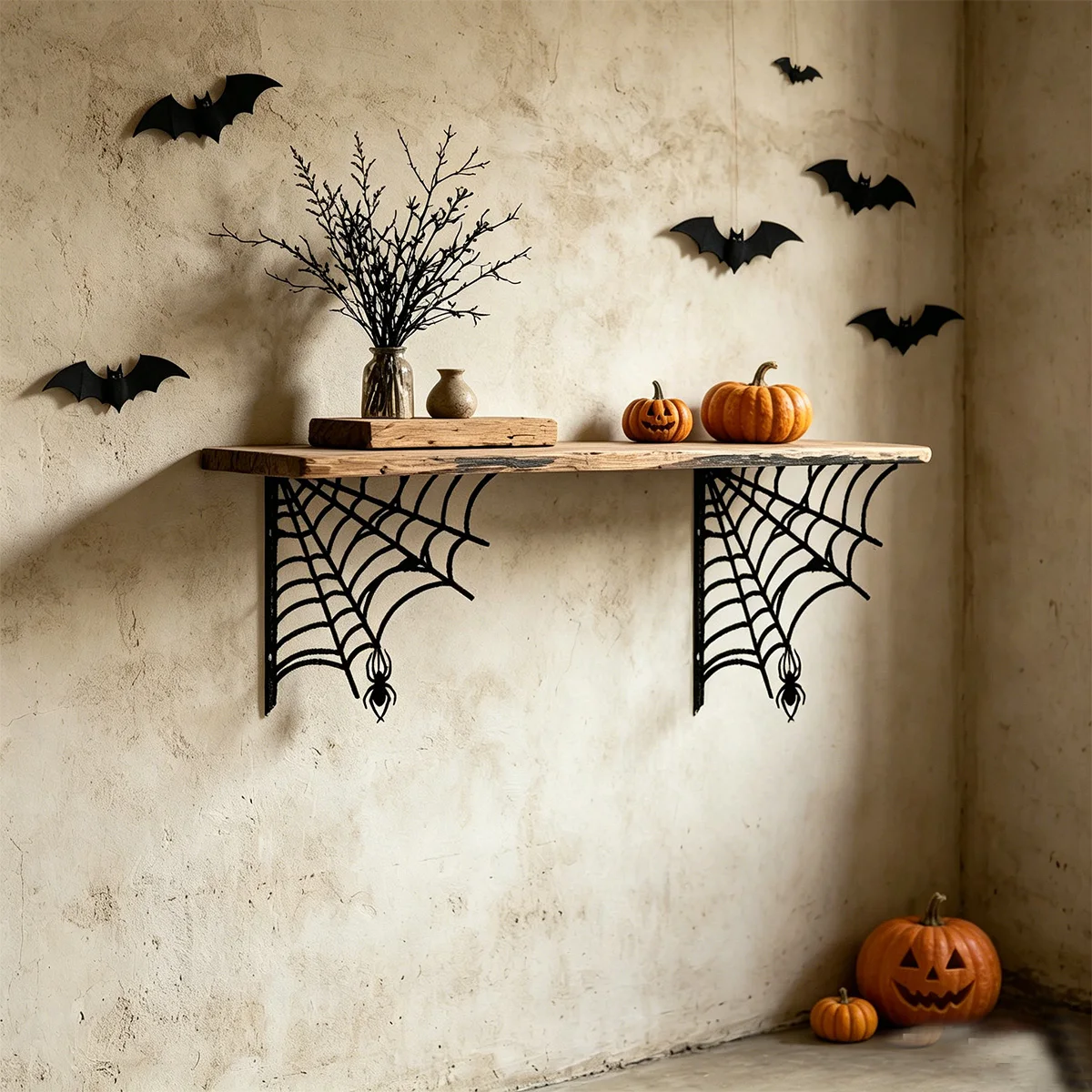 2Pc Iron Art Spider Web Shaped Storage Rack, L-Shaped Bracket, Halloween Decoration, Perfect for Displaying Plants, Flowers, Towels, and Other Items, Wall-Mounted Design, a Decorative and Practical Storage Solution, Suitable for Multiple Rooms and an Ideal Halloween Gift.
