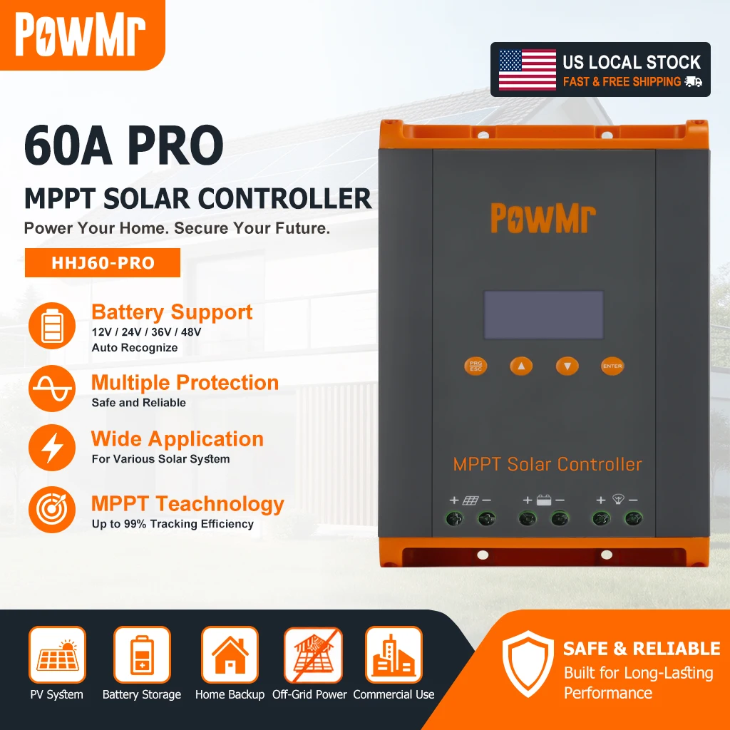 PowMr 60A MPPT Solar Charge Controller, Max 160V PV Input Auto 12V 24V 36V 48V Voltage Support 12 Units Parallel LiFePO4 Gel Sealed Flooded Battery Regulator for RV Home Off-Grid Solar System US Local Shipping