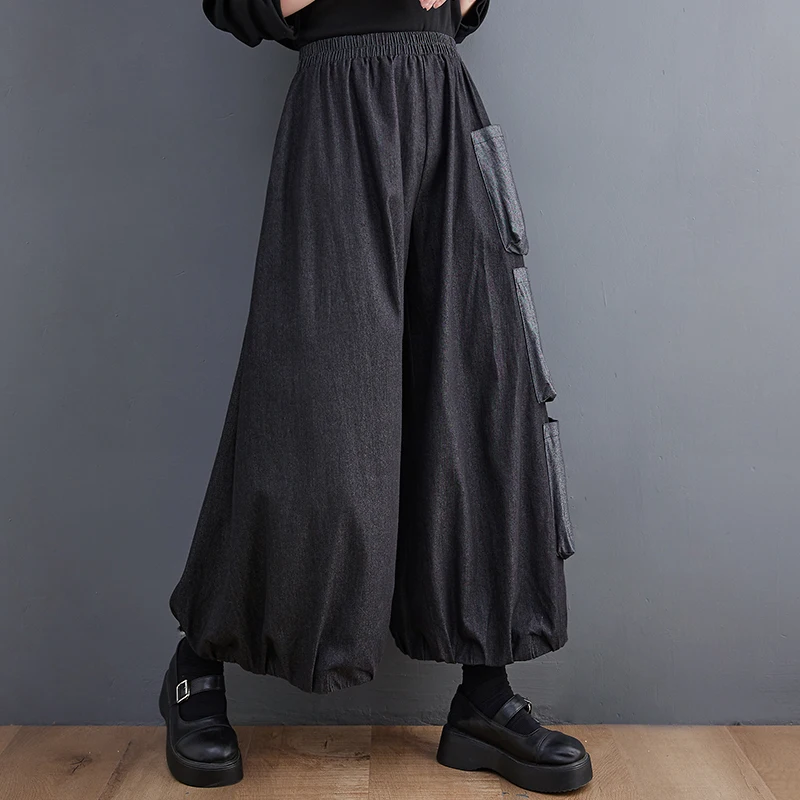 High Waist Wide Leg Jeans Dark Style Pocket Decoration Casual Pants Spring Autumn Fashion plus Size Cotton Trousers for Women