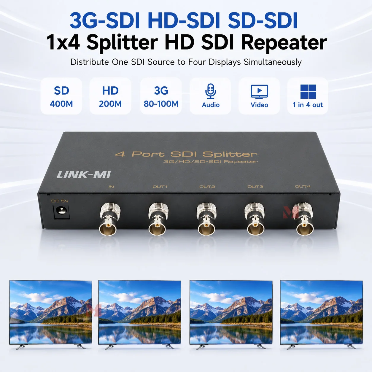 

1x4 Splitter SDI Repeater 3G-SDI HD-SDI SD-SDI Video 1080P for Digital signage Retail display