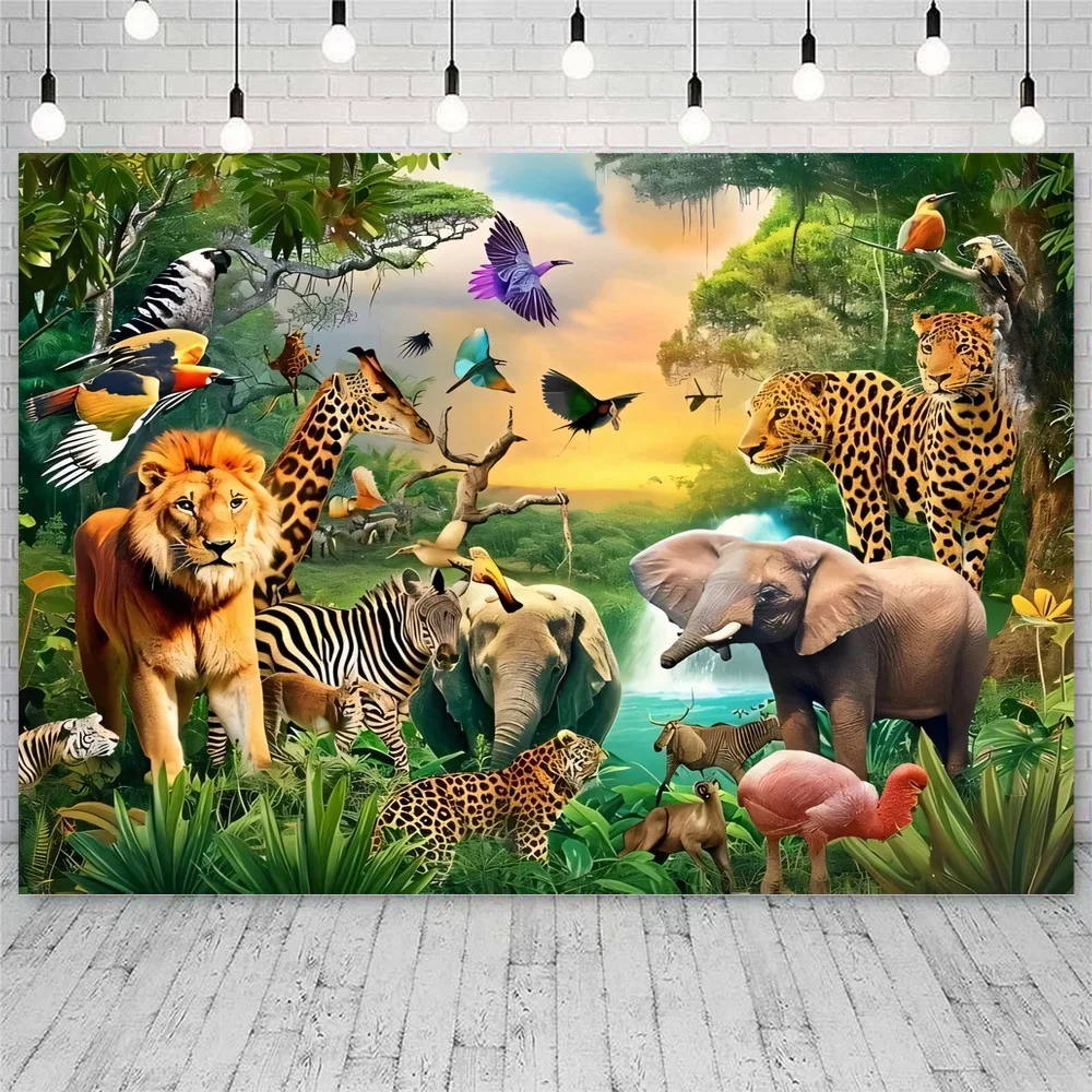 Arrière-plan avec Animaux de la Jungle, Décor de Safari Africain, Désert Tropical, Fournitures de ixd'Anniversaire pour Homme