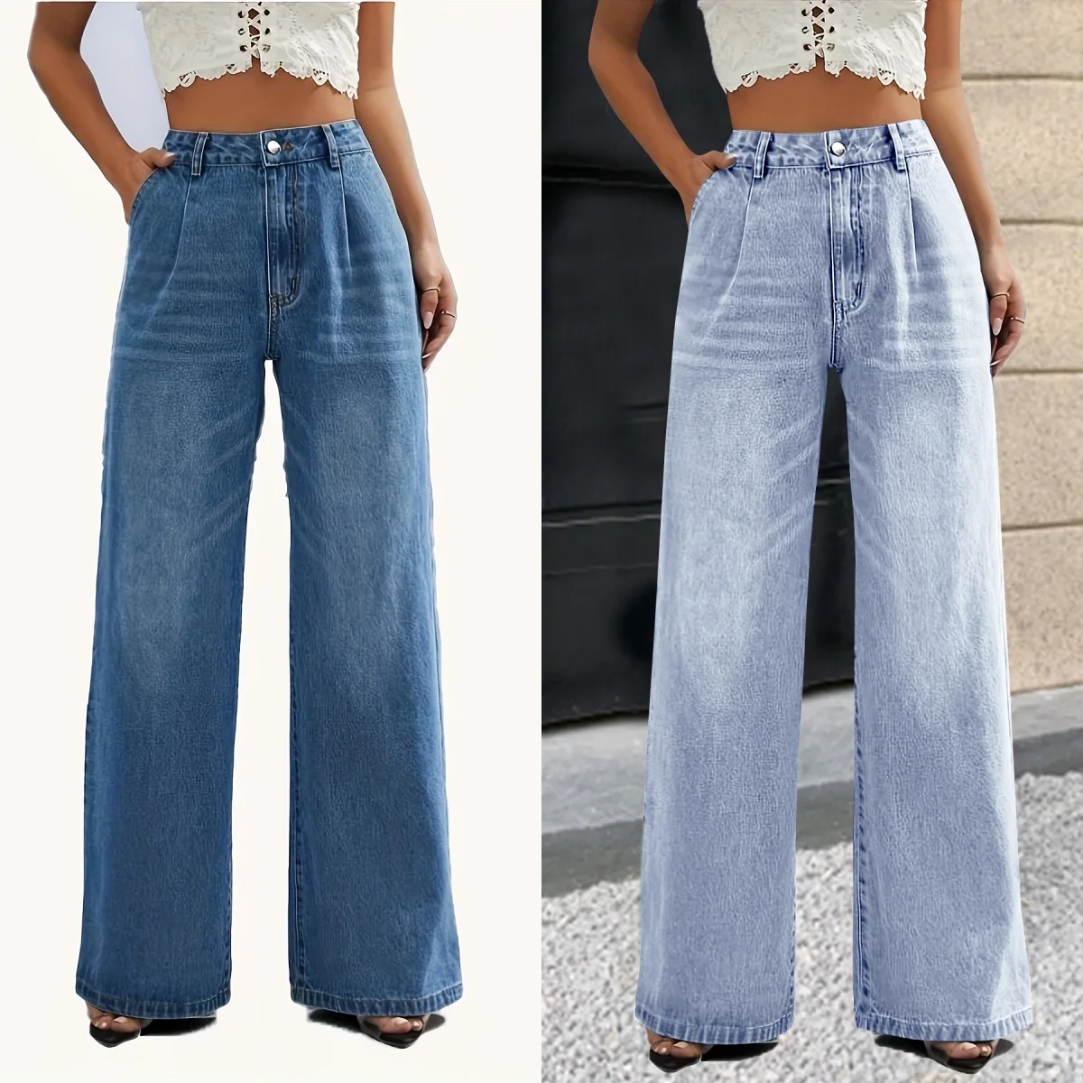 

New women's cross-border European and American style solid color jeans women's straight wide leg pants casual all-match