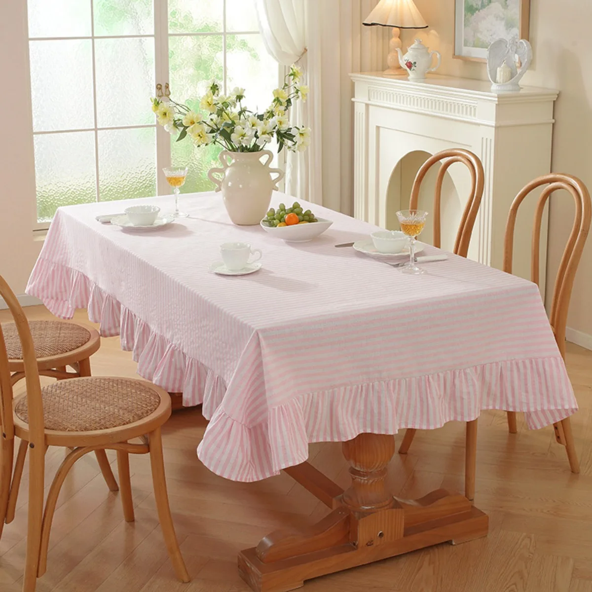 Striped Ruffled Tablecloth Rectangular Spring Stripe Table Cloth with Tassel Farmhouse Table Cover for Valentines Picnic Party