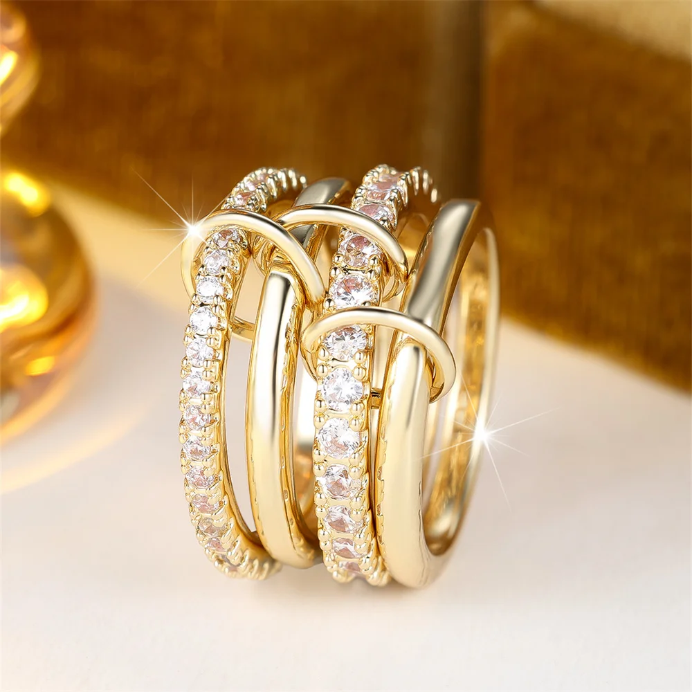 Luxury Crystal Round Stone Ring Sets For Women 4pcs/set Trendy Gold Color Engagement Rings Wedding Jewelry Bridal Versatile Gift