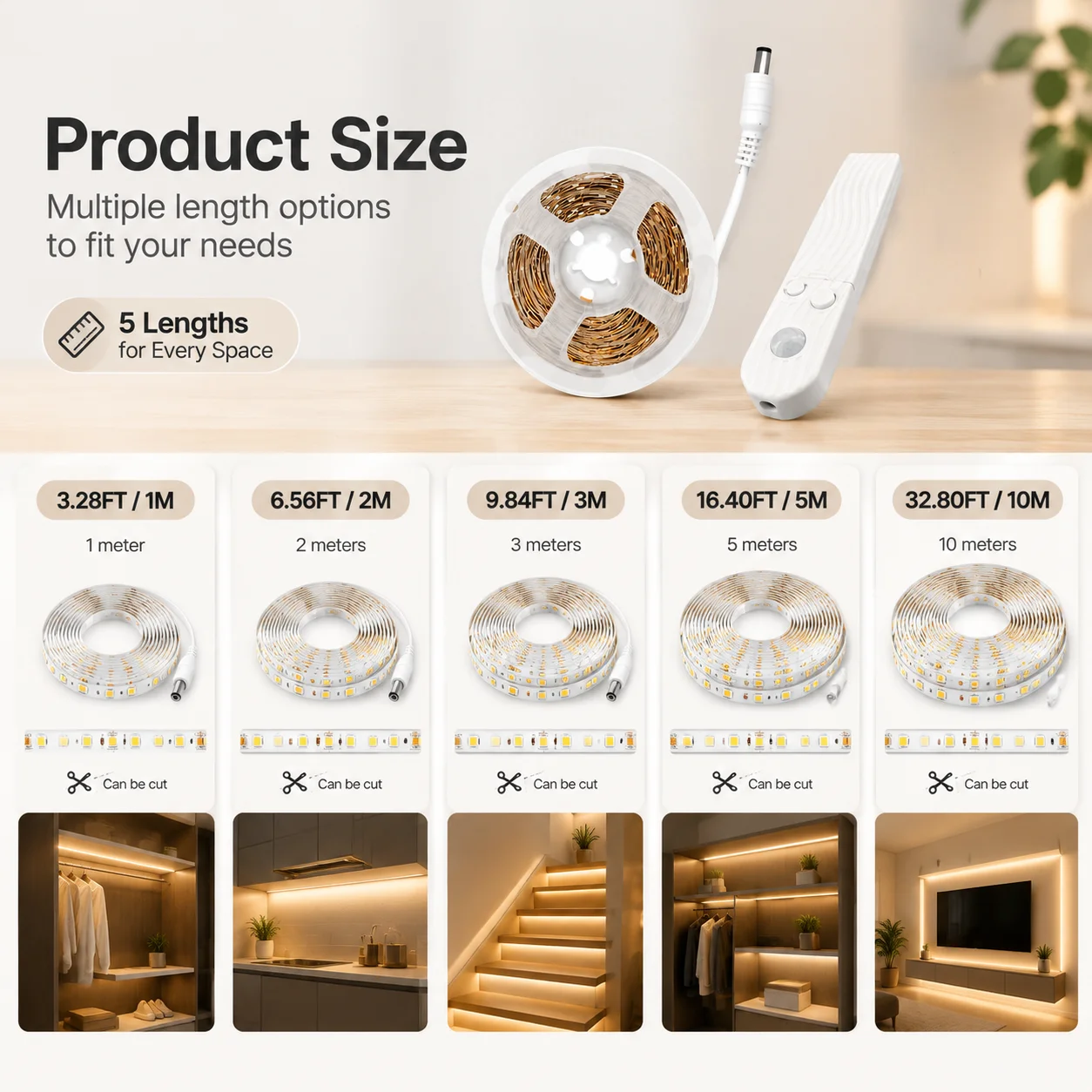 LED Motion Sensor Strip, Self-Adhesive Cuttable, Warm White/Cool White Choice, USB/Battery Powered（AAA Battery Not Included）
