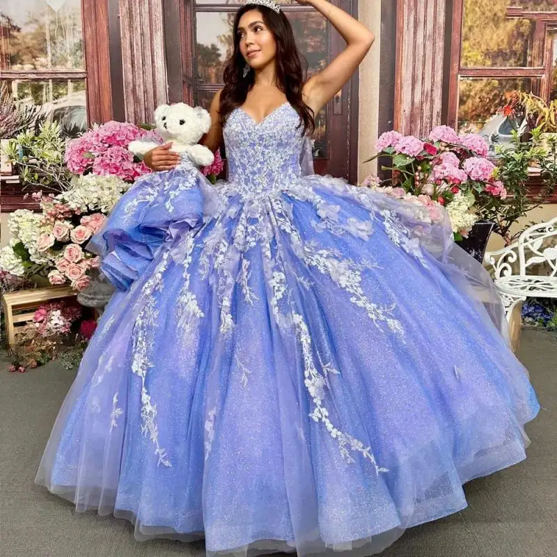 

Blue Quinceanera Dress 2024 3D Floral Butterfly Sequin Princess Ball Gown Sweet 15 Vestidos De XV Años Party Gown with Cape