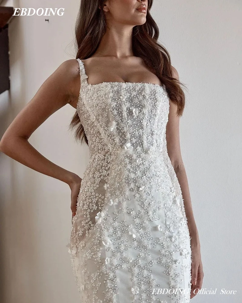 Vestido De novia De sirena De encaje, tirantes finos, sin mangas, flor 3D, Espalda descubierta, tren De barrido