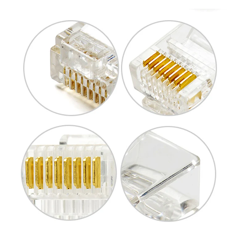 ESCAM 100 Uds. Adaptador de cabeza chapado en oro de red de cristal RJ45 de alta calidad