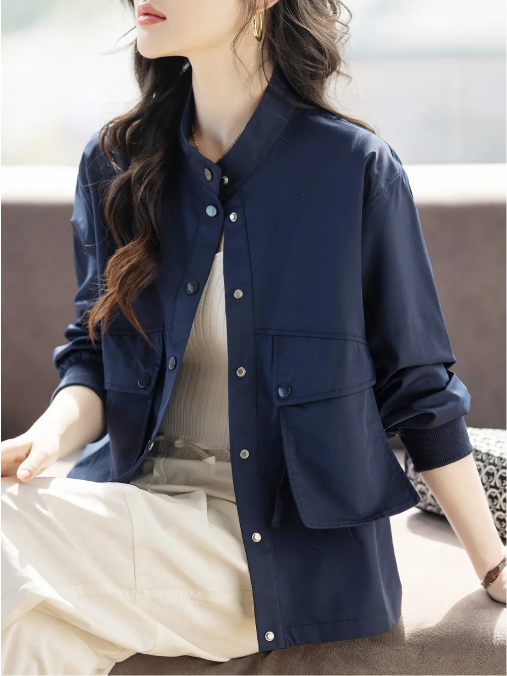 

Свободная повседневная рабочая одежда, ветровка, пальто с воротником-стойкой, длинное свековое корейское платье из тонкого материала, осеннее новое поступление