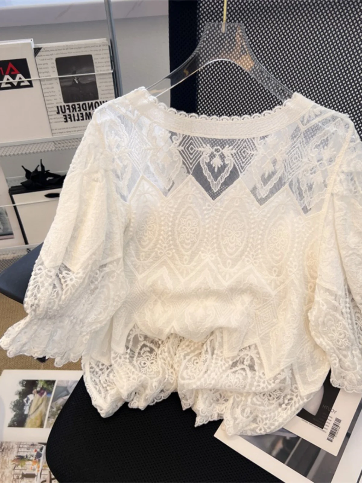 Gestickte, ausgehöhlte Bubble Sve V-Ne irt Plus Size Damen Faion Lässige Baumwollbluse Spitze Spleißen Künstlerische Sle