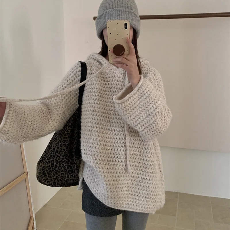 Autumn Winter Chunky Hooded Sweater For Women Solid Color Drawstring Thicken Knit Tops American Fashion Retro Knitted Hoodie