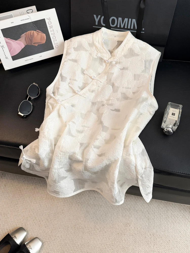 

New Tiansi Heavy Industry Embroidered Flower Vest Women's Micro Transparent Diagonal Plate Buckle Top
