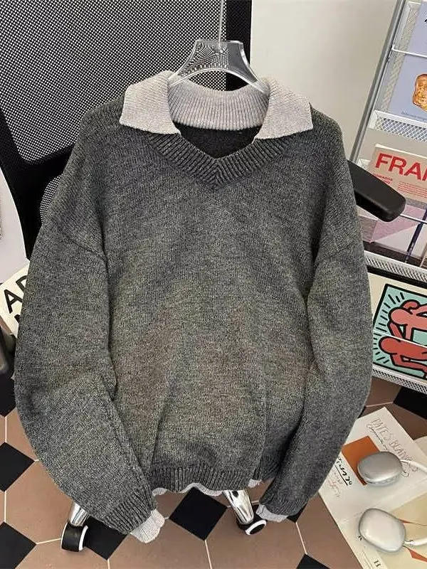 

Мужской зимний трикотажный свитер в американском ретро-стиле с V-образным вырезом, отложным воротником, имитацией двухслойности, в стиле унисекс, повседневный, свободного кроя