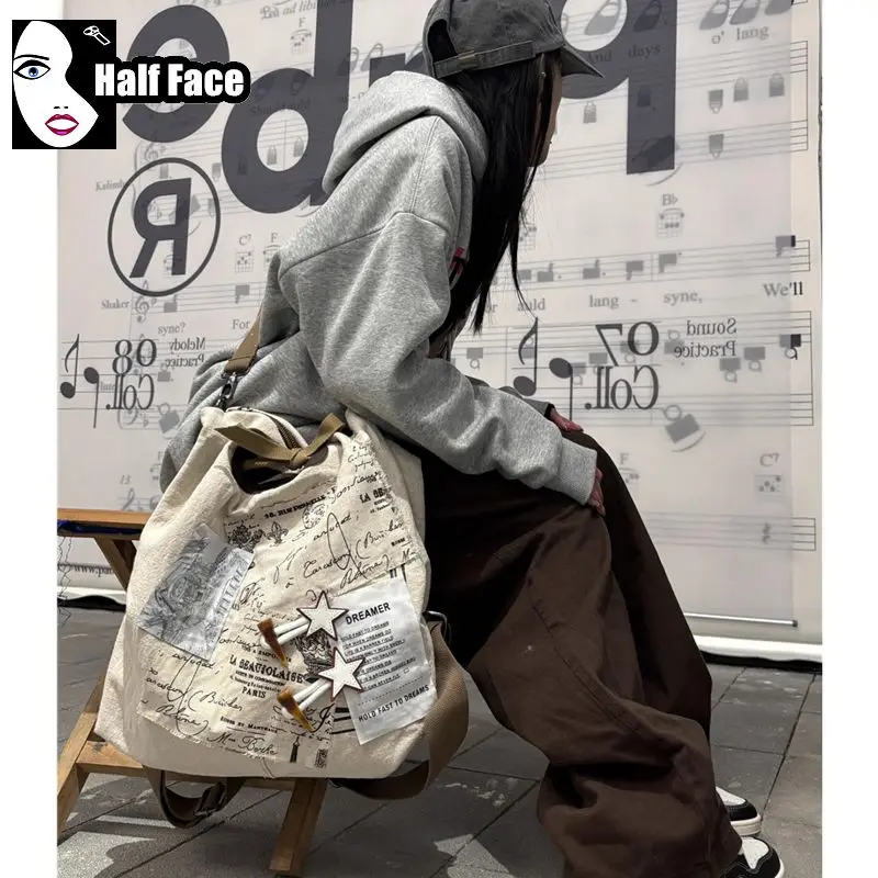 Y2K Spicy Girls Harajuku Women Gothic Punk Lolita Large Capacity Letter Commuting Student Canvas Splicin Backpack Book Bags Tote