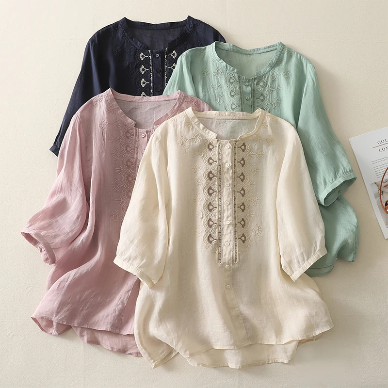 

M-XXL Embroidered Floral Tops Cotton Linen Blouse Women Half Sleeve Loose Casual Summer Thin Shirts