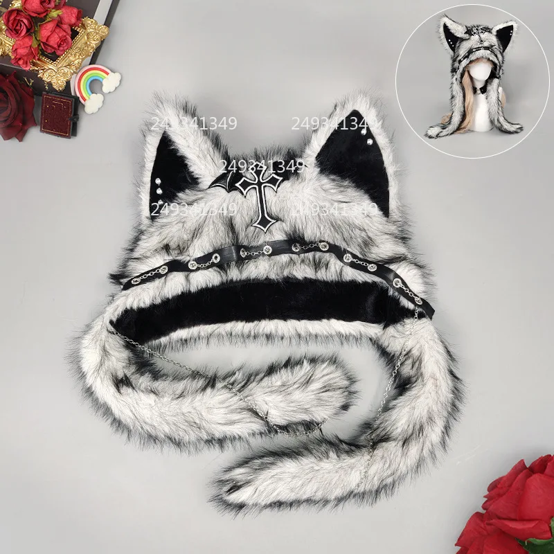 猫耳帽子コスプレ帽子女性パンクロックぬいぐるみ帽子チェーン付きハロウィンパーティードレスアップ頭飾りクールコスチュームアクセサリー