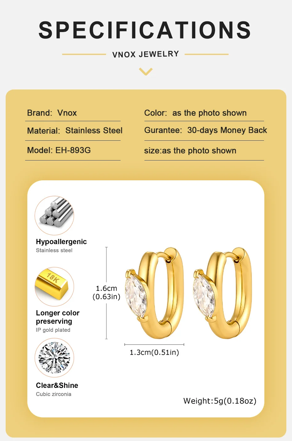 Vnox Trendige Vergoldete Geometrische Creolen für Damen, Edelstahl AAA Zirkon U-förmige Huggie-Ohrringe, Zierlicher Schmuck als Geschenk – Detail 6