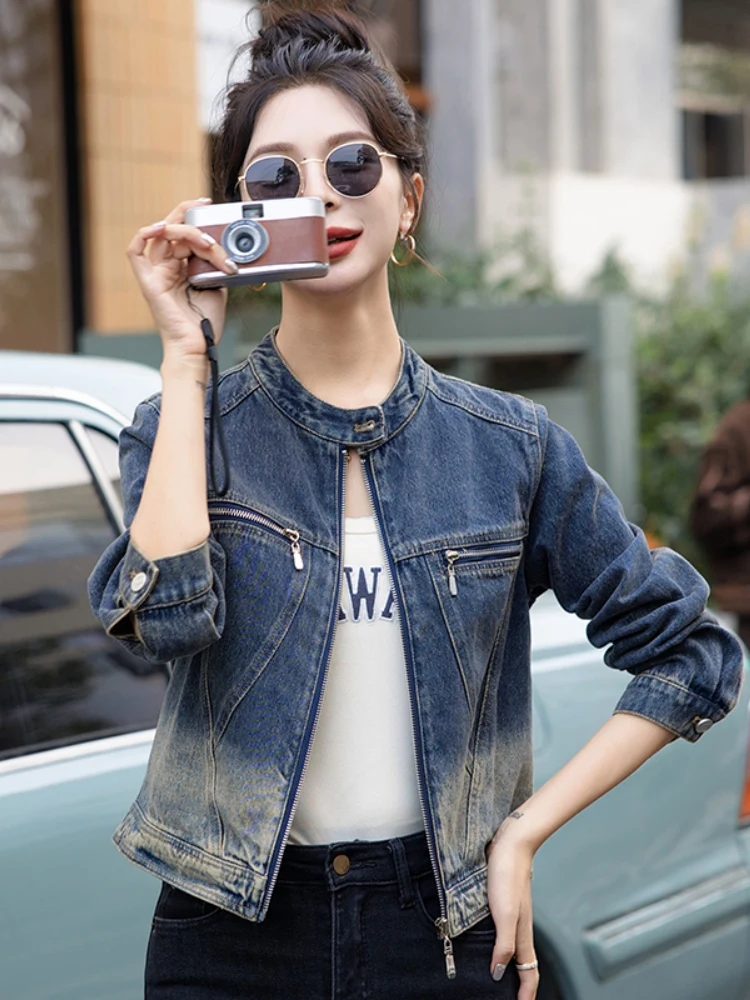 

Retro ort Denim Jaet Women's Spring Autumn Sle round Ne Jaet Top Small Size Trendy Commute Loose Fit Zipper Closure