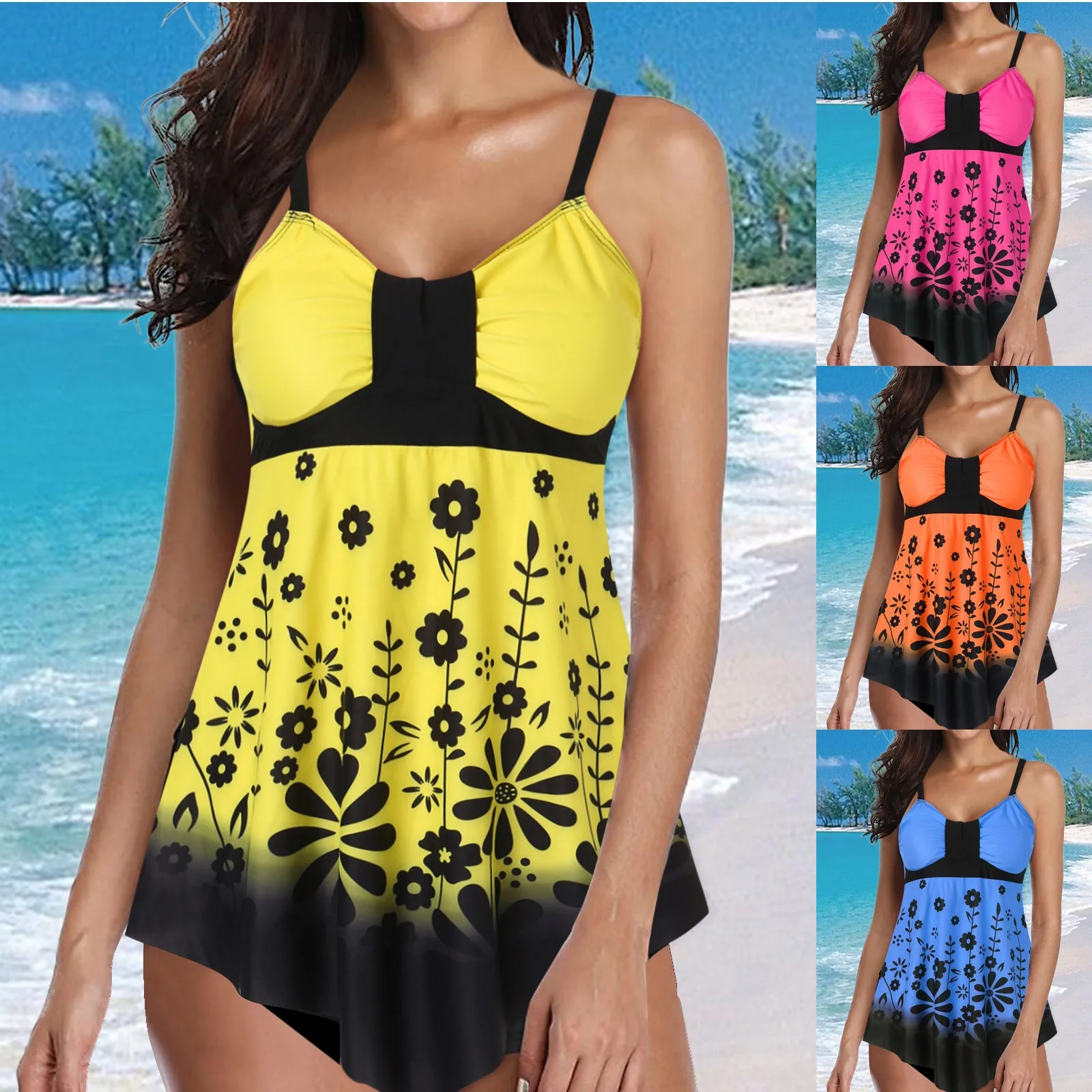 Split Swimming Dress Print Swimsuit Wear Set Conservative Printing Tankini Set Mujer Women Swimwear Suit Summer Beachwear