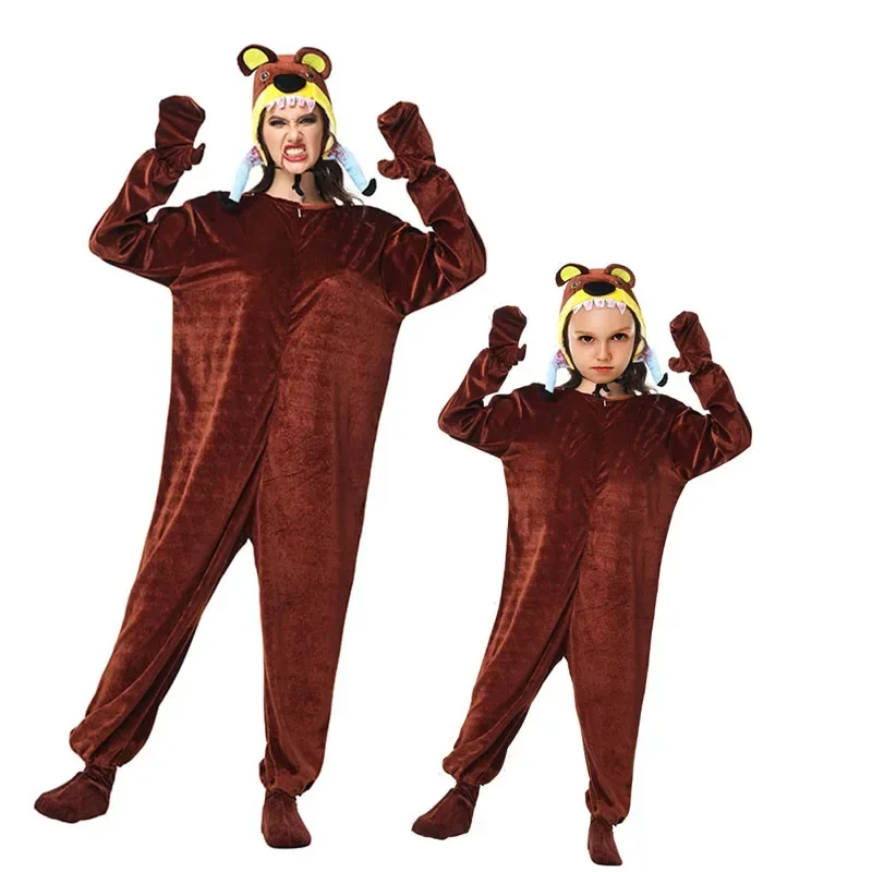 Unisex Adult Man-eater Bear Animal Jumpsuits Pajama Child Brown Bear Family Costume Halloween Baby Tedy Bear Costume