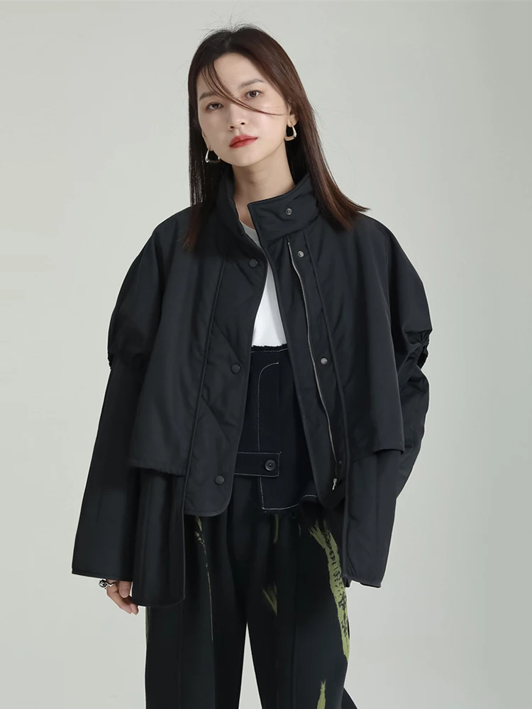 [EAM]  Black Casual Drawstring Big Size Cotton-padded Coat Long Sleeve Loose Fit Women Parkas Fashion New Winter 2024 1DF3872