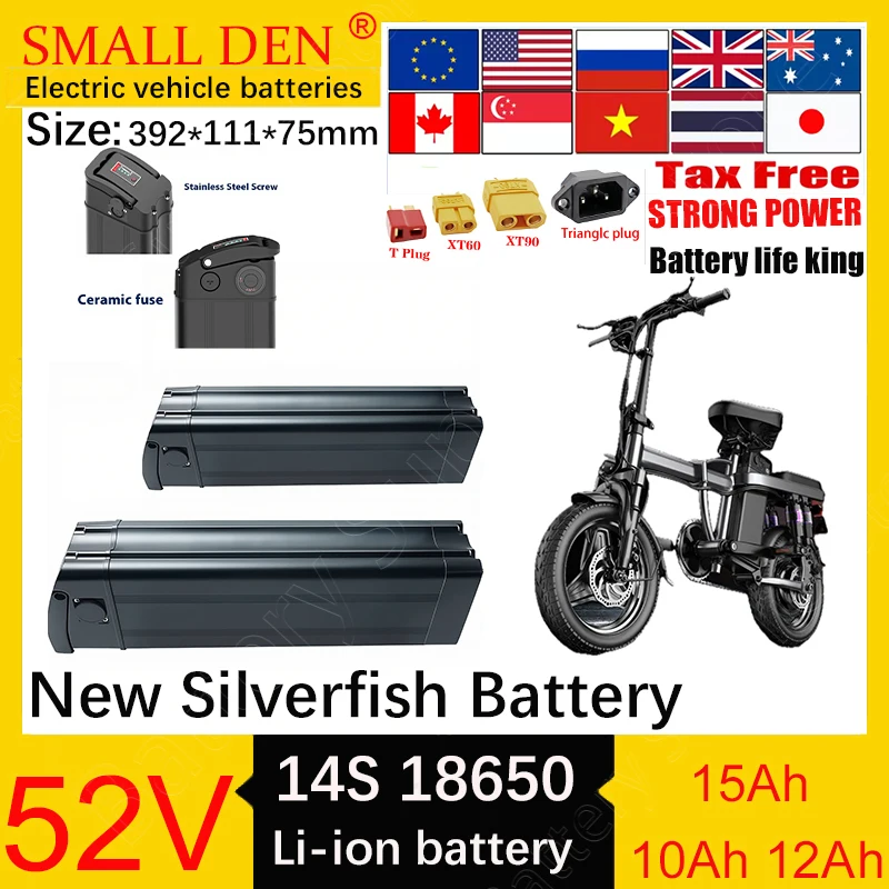 Silver Fish 52V 10Ah 12Ah 15Ah 18650 14S 3-5P removable Lithium battery pack built-in BMS For 250W-1500W Folding E-two wheeler