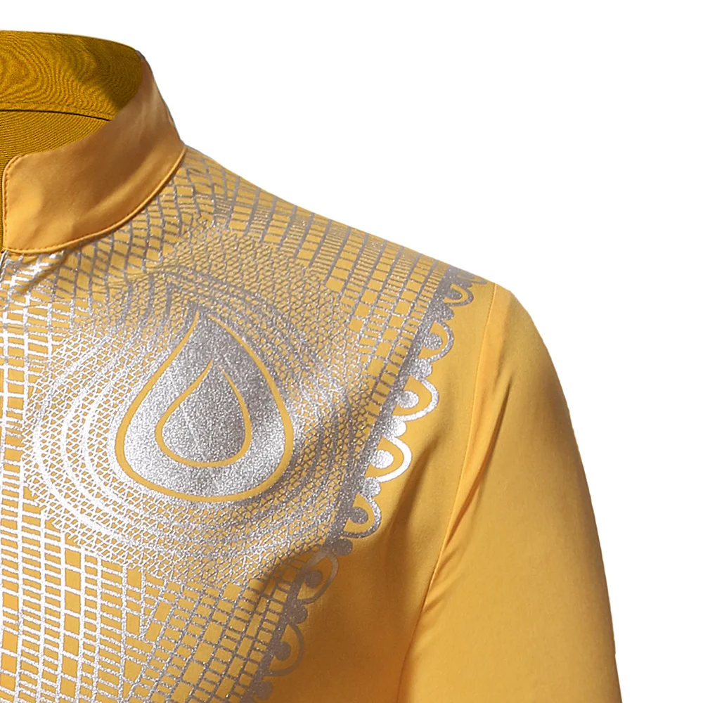 아프리카 럭셔리 이슬람 아랍 남성 셔츠 패션 민족 프린트 스탠드 칼라 청년 긴팔 셔츠 무슬림 탑 남성 의류