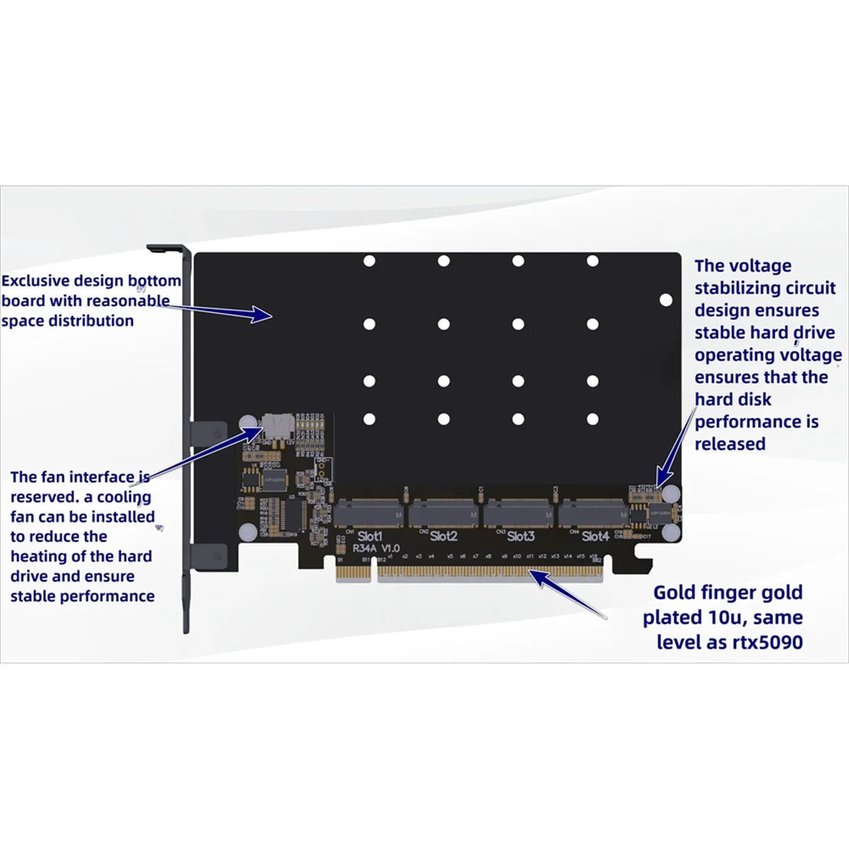 

B43C R34A PCI-E 5.0 X16 to 4 Ports M.2 NVMe Expansion Card M.2 NVMe Solid State Drive SSD 128Gbps Gen 5 4-Disks Split Adapter