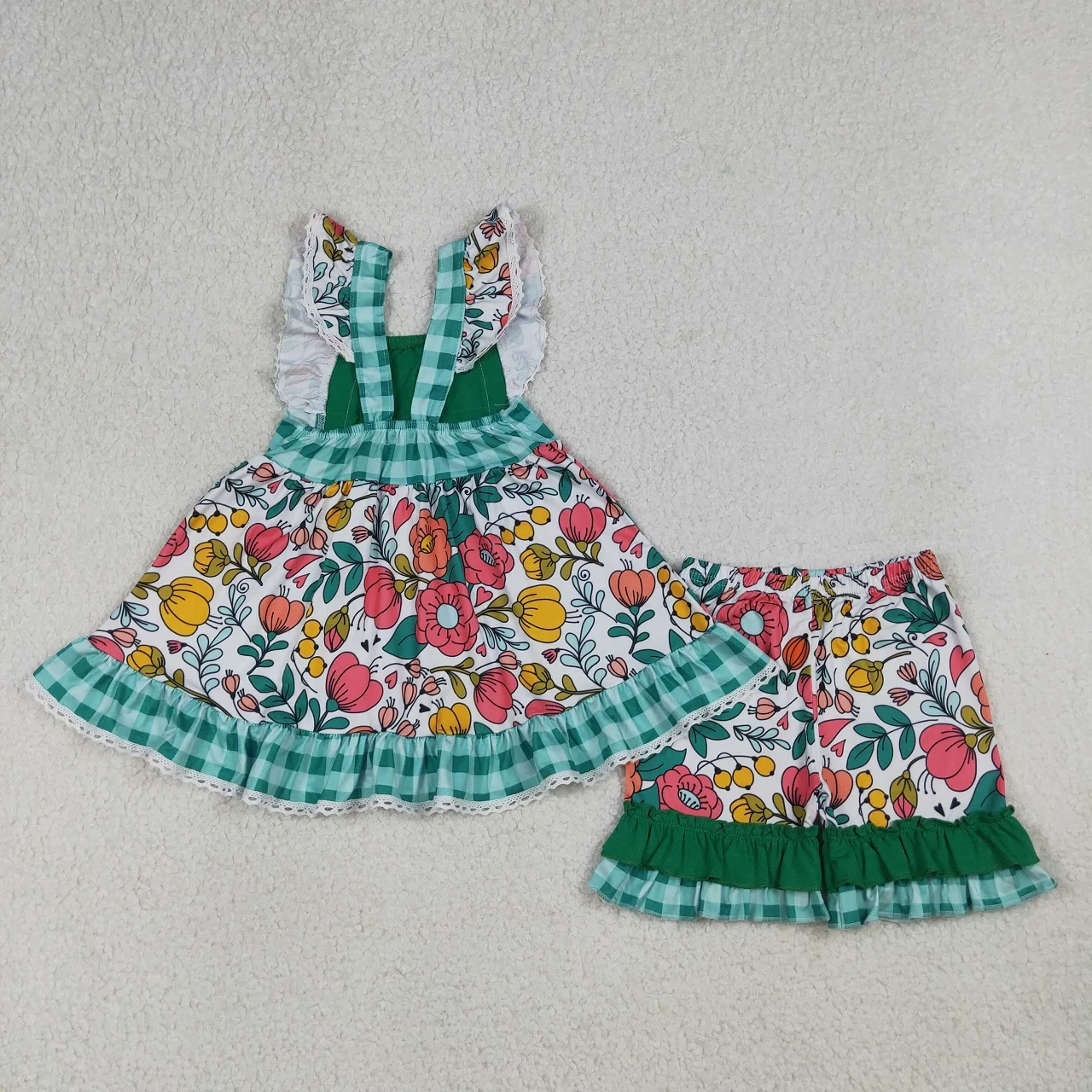Wholesale Baby Girl Bows Short Sleeves Pockets Tunic Kids Ruffle Shorts Girls Summer Clothes Children Toddler Flower Outfit