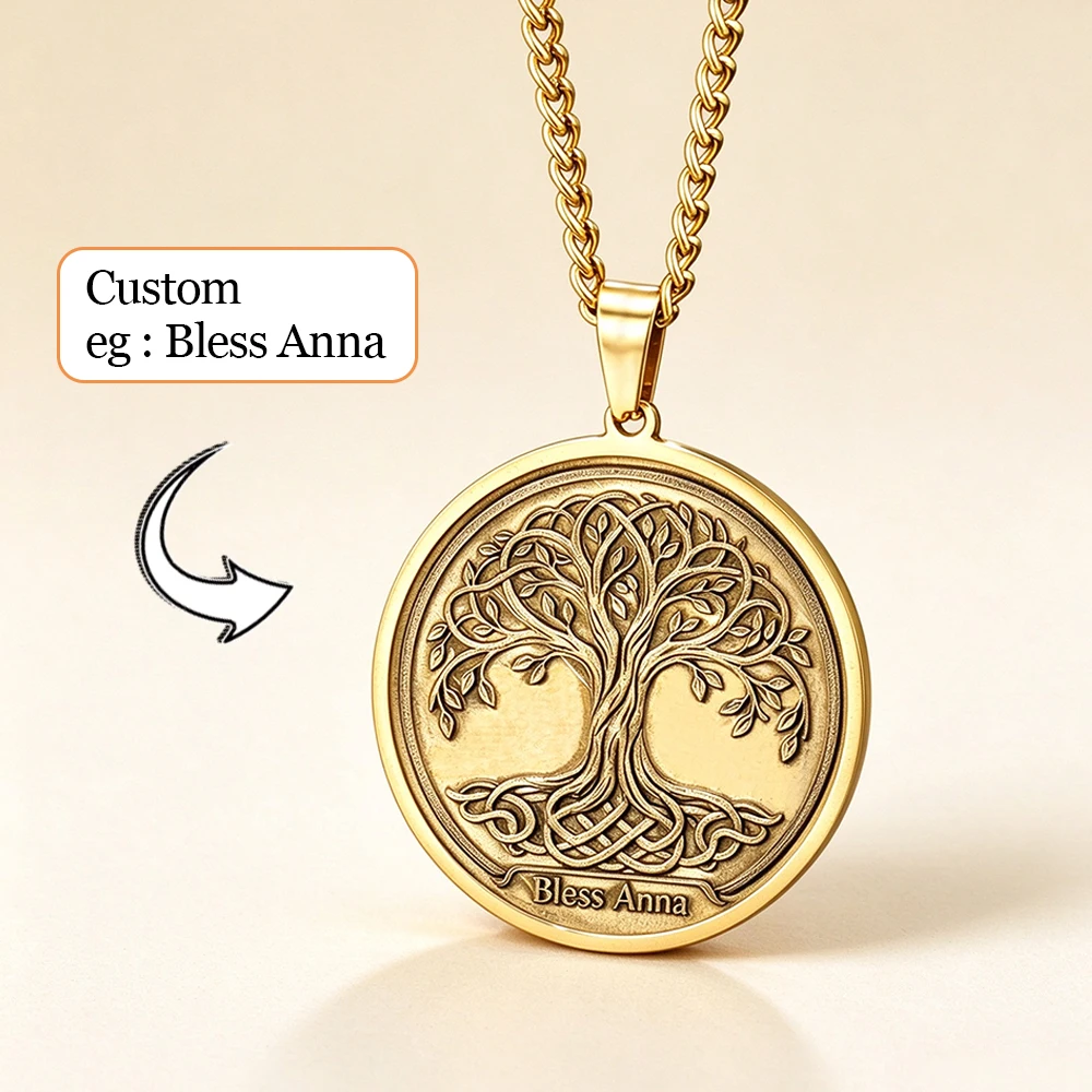 Custom Name Tree of Life Necklace Brass Relief Life Tree Pendant Stainless Steel Chain Personalized Engraved Family Tree Jewelry