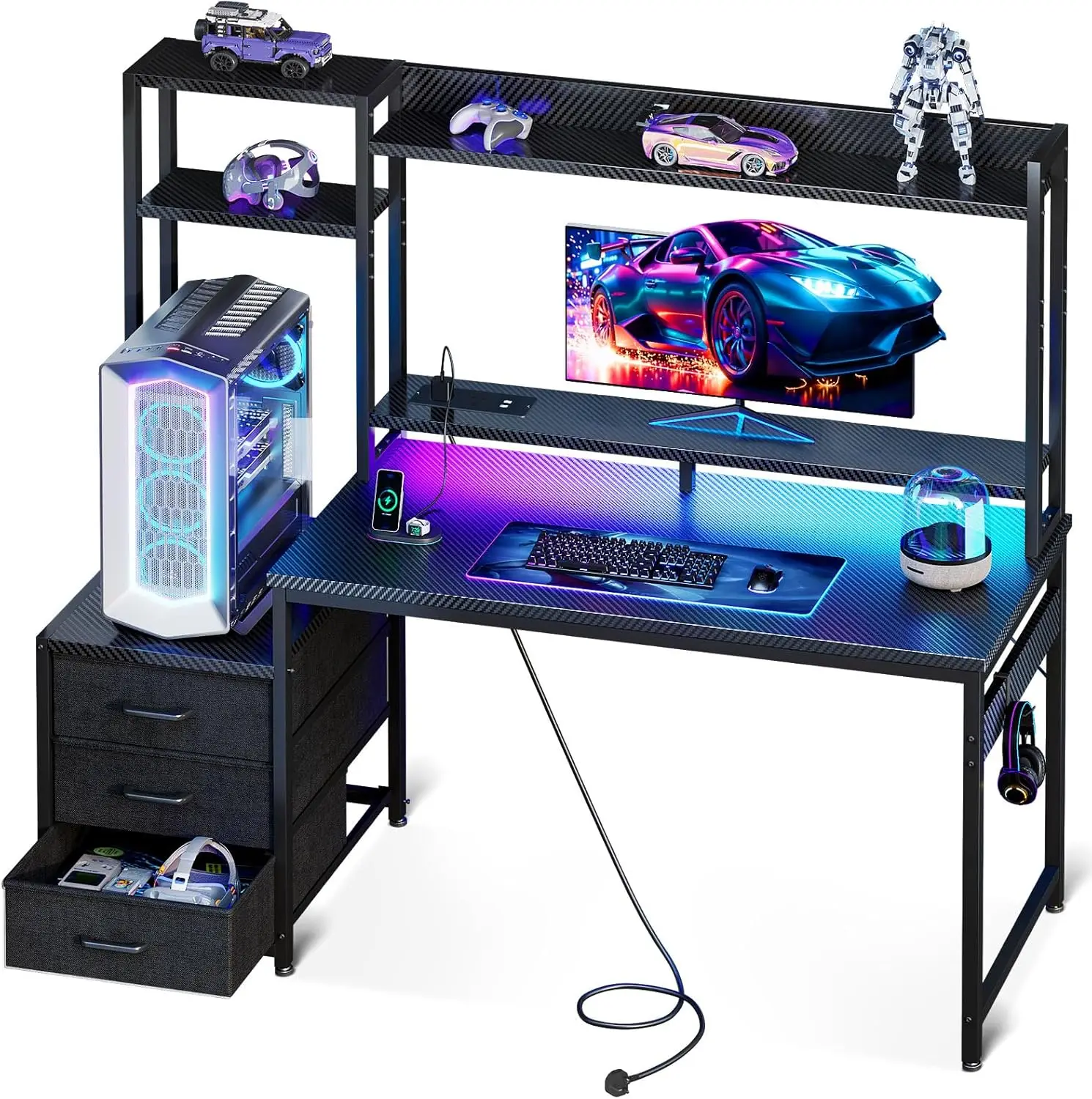 Coleshome Gaming Desk with Drawers & Display Shelves, Computer Desk with LED Lights & Sockets, 120×48 cm, Carbon Fiber Black