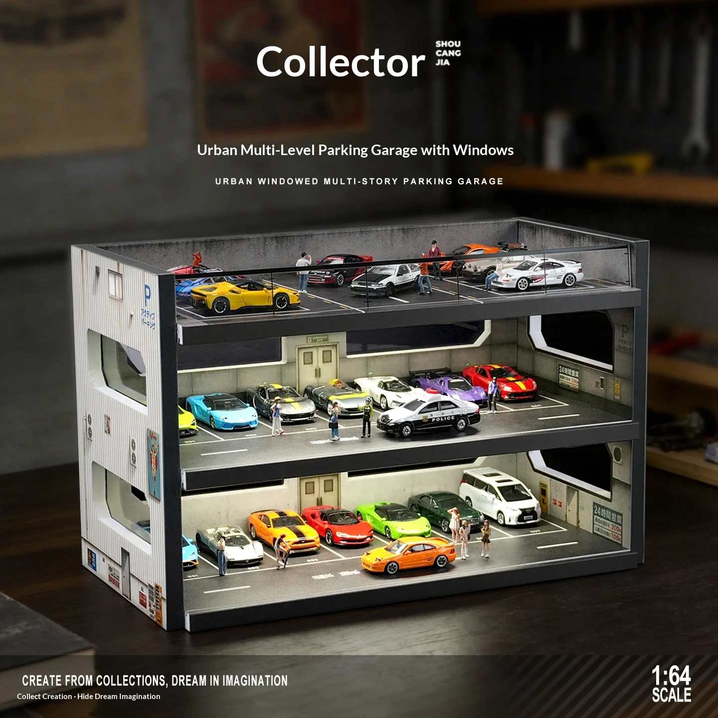 Collector 1:64 Scale Diecast Car Diorama Building, Urban Windowed 3D Parking Garage with LED Lights, Car Model Storage Structure