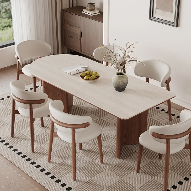 French Style Travertine Dining Table with Ash Wood Frame Rock Slab Top Rectangular Small Apartment Table and Chair Set Foshan