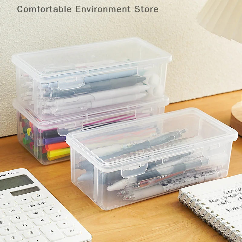1 Pc  Large Capacity Plastic Pencil Box Stackable Translucent Clear Pencil Box Office Supplies Storage Organizer Box